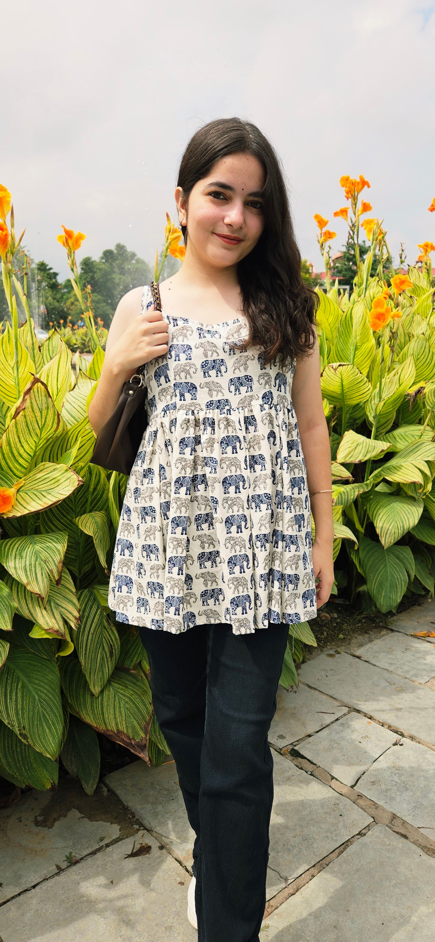 Blue Elephant Print Cotton Flared Top – Sleeveless Ethnic Fusion Wear for Women
