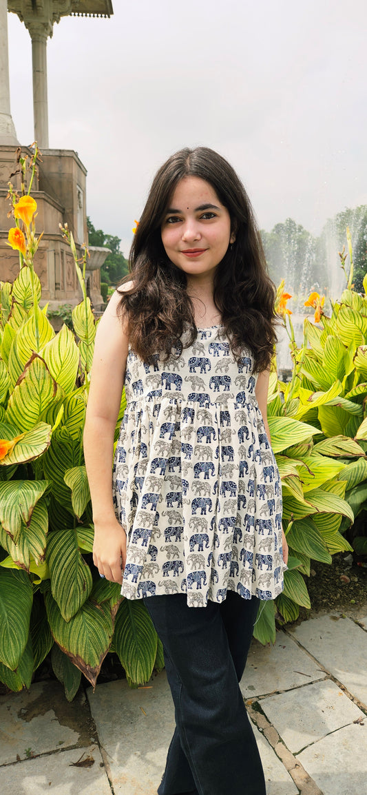 Blue Elephant Print Cotton Flared Top – Sleeveless Ethnic Fusion Wear for Women