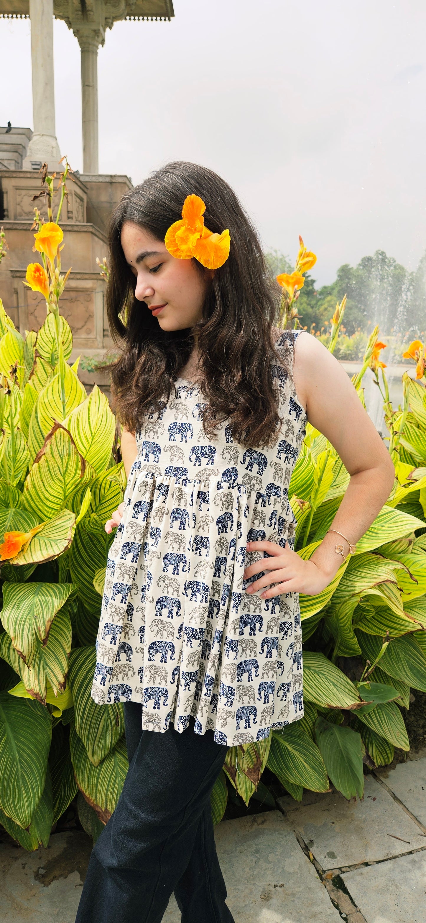 Blue Elephant Print Cotton Flared Top – Sleeveless Ethnic Fusion Wear for Women