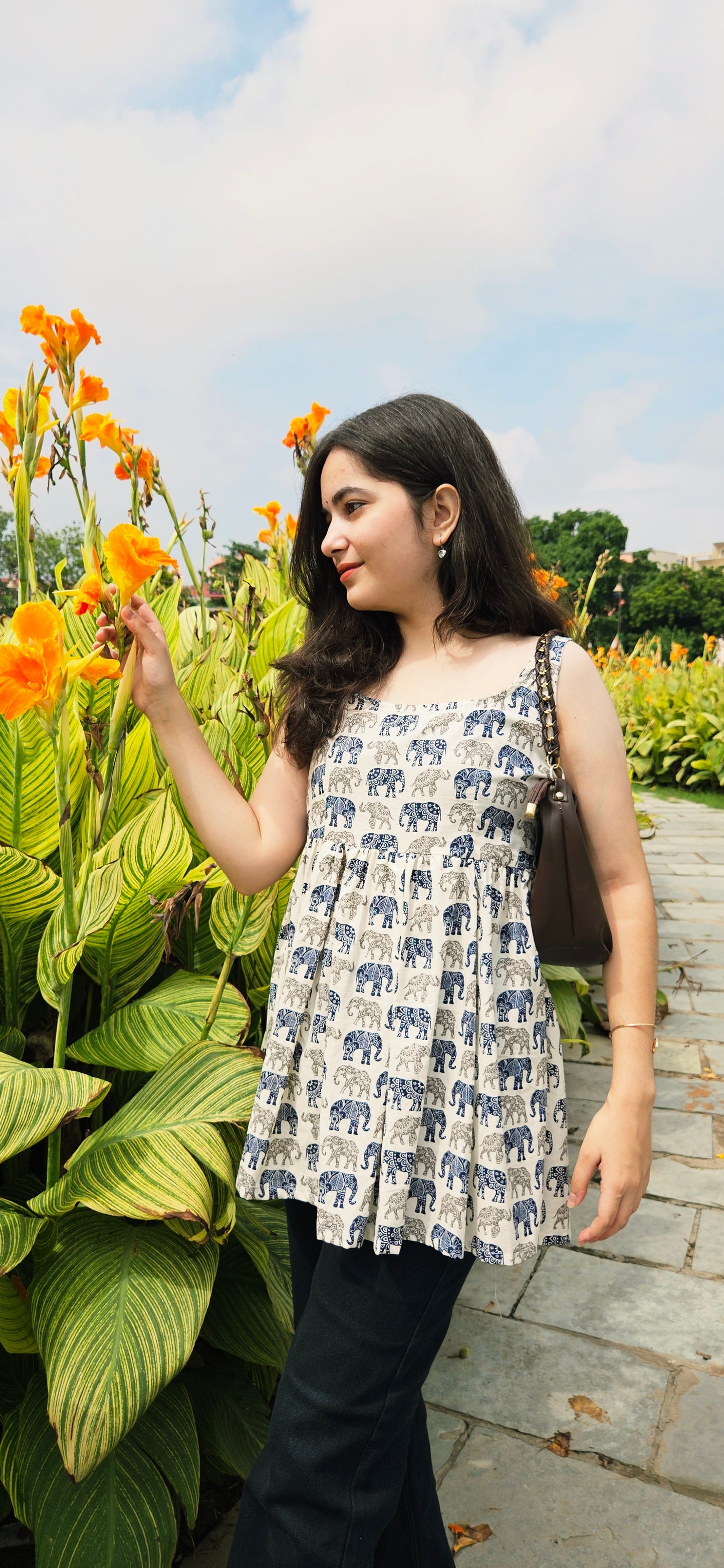 Blue Elephant Print Cotton Flared Top – Sleeveless Ethnic Fusion Wear for Women