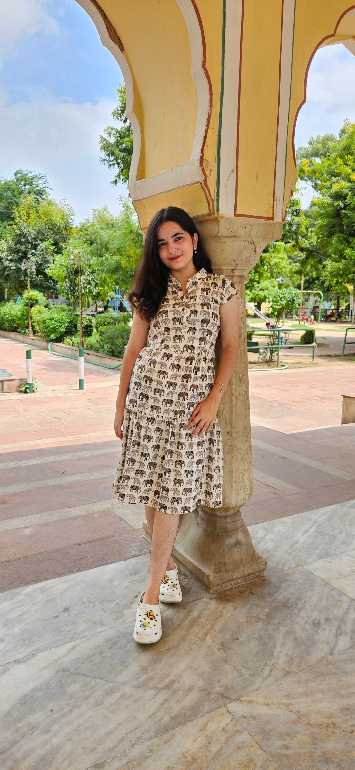 Elephant Print Cotton Dress for Women – Knee-Length Summer Casual Wear