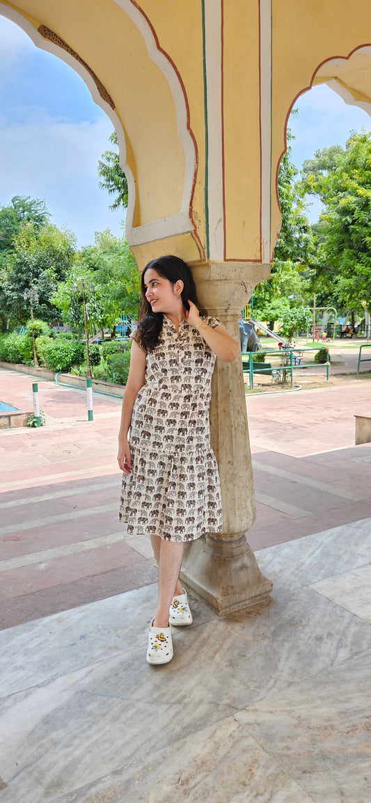 Elephant Print Cotton Dress for Women – Knee-Length Summer Casual Wear