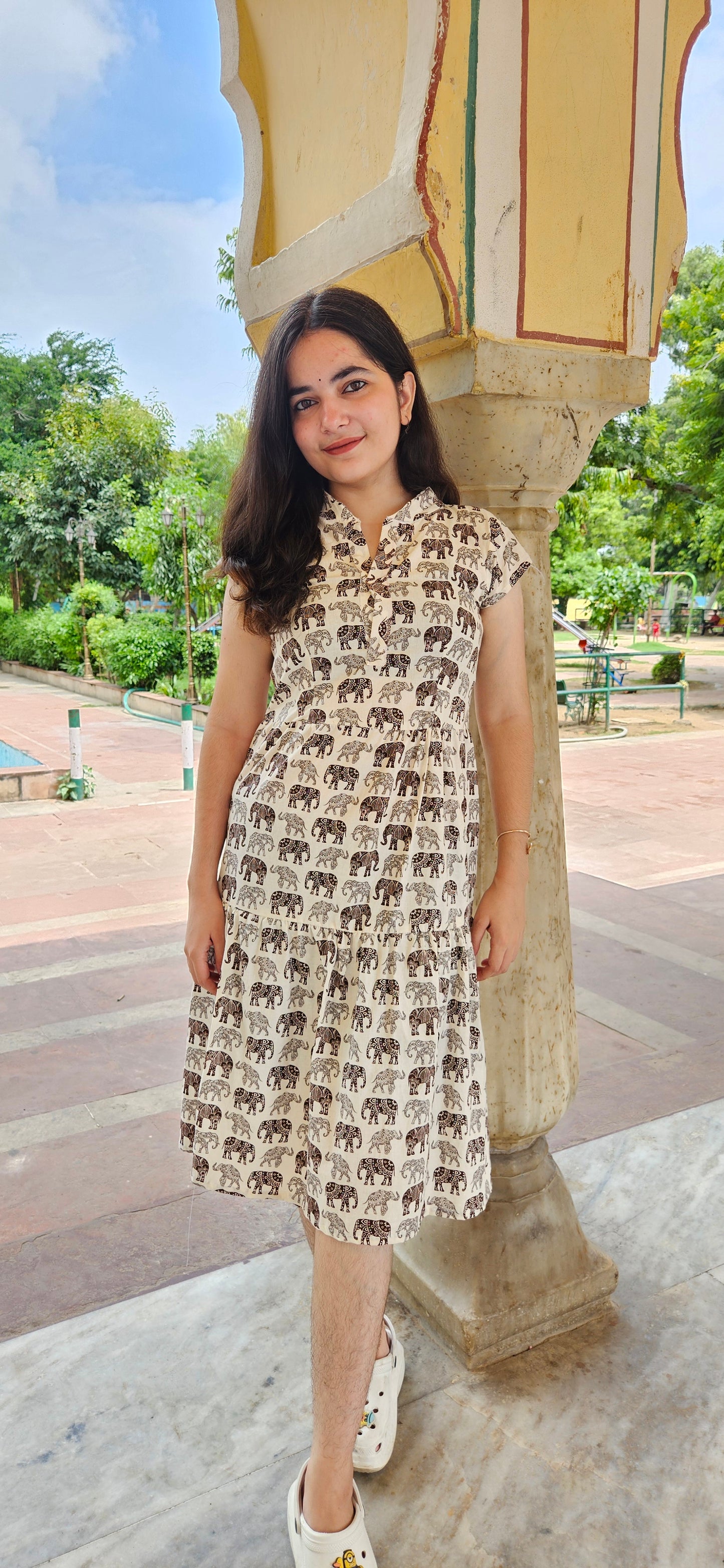 Elephant Print Cotton Dress for Women – Knee-Length Summer Casual Wear