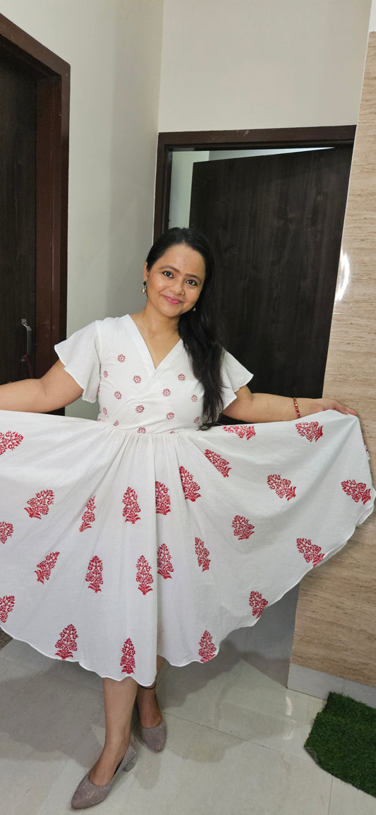 White Cotton Block Print Dress for Women – Handmade Ethnic Midi Summer Outfit