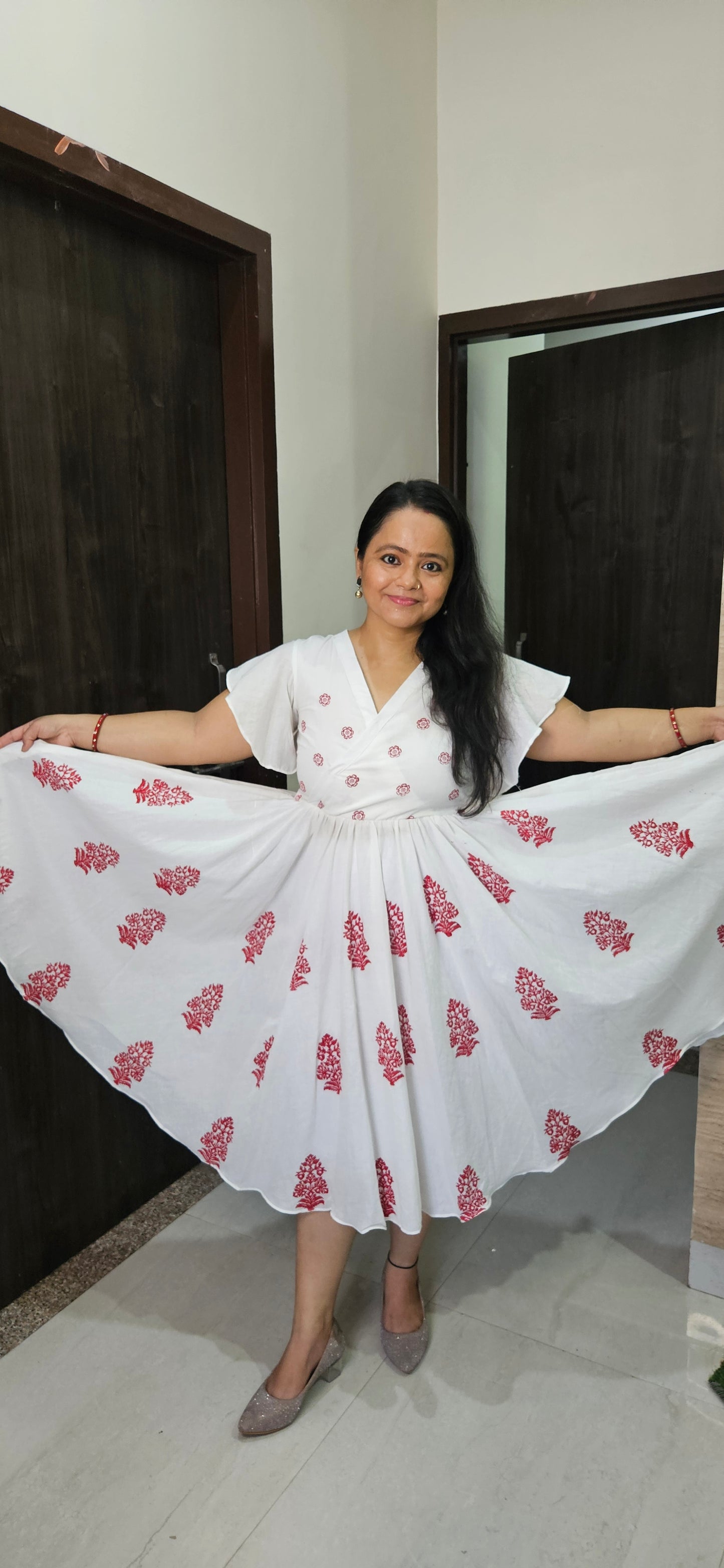 White Cotton Block Print Dress for Women – Handmade Ethnic Midi Summer Outfit