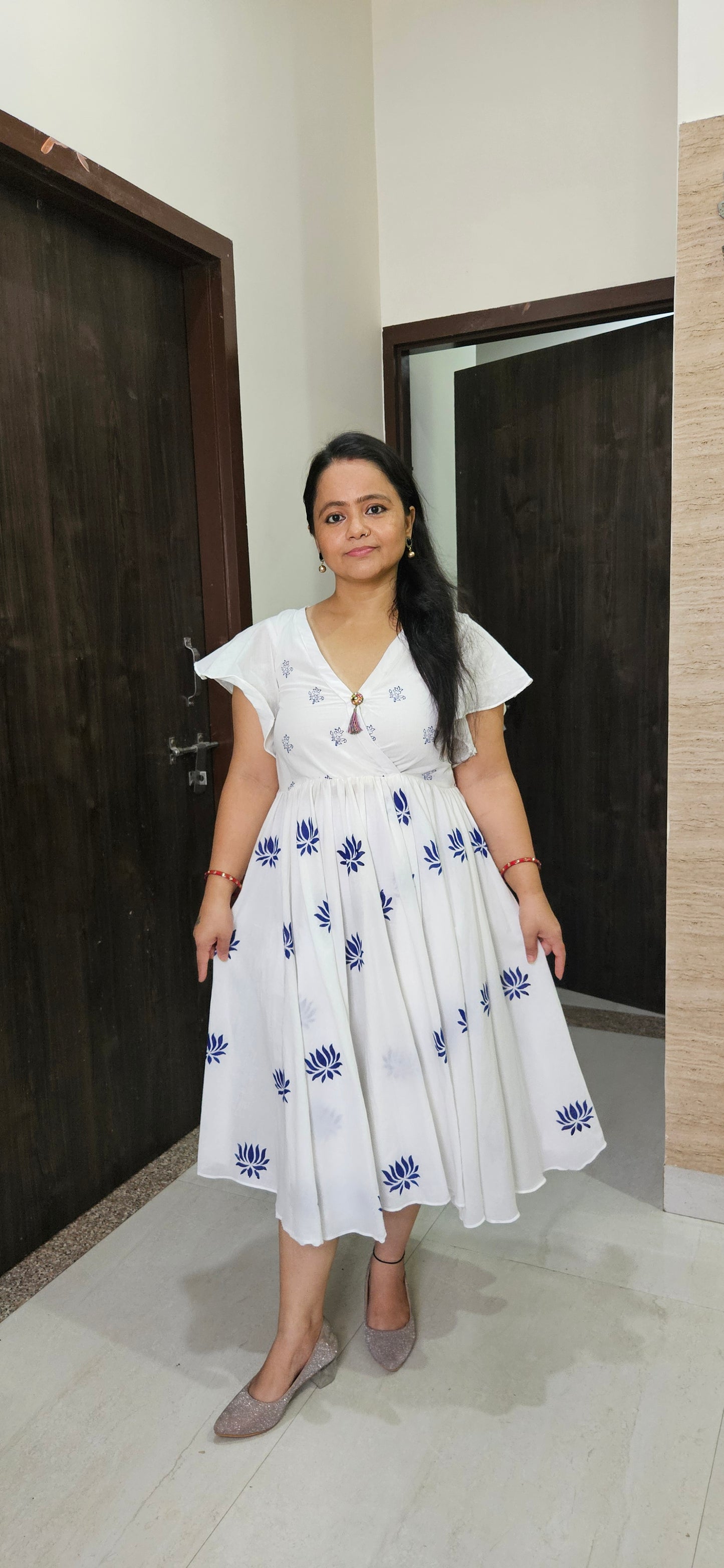 Handmade White Cotton Block Print Midi Dress with Blue Lotus Design – Ethnic Summer Wear for Women