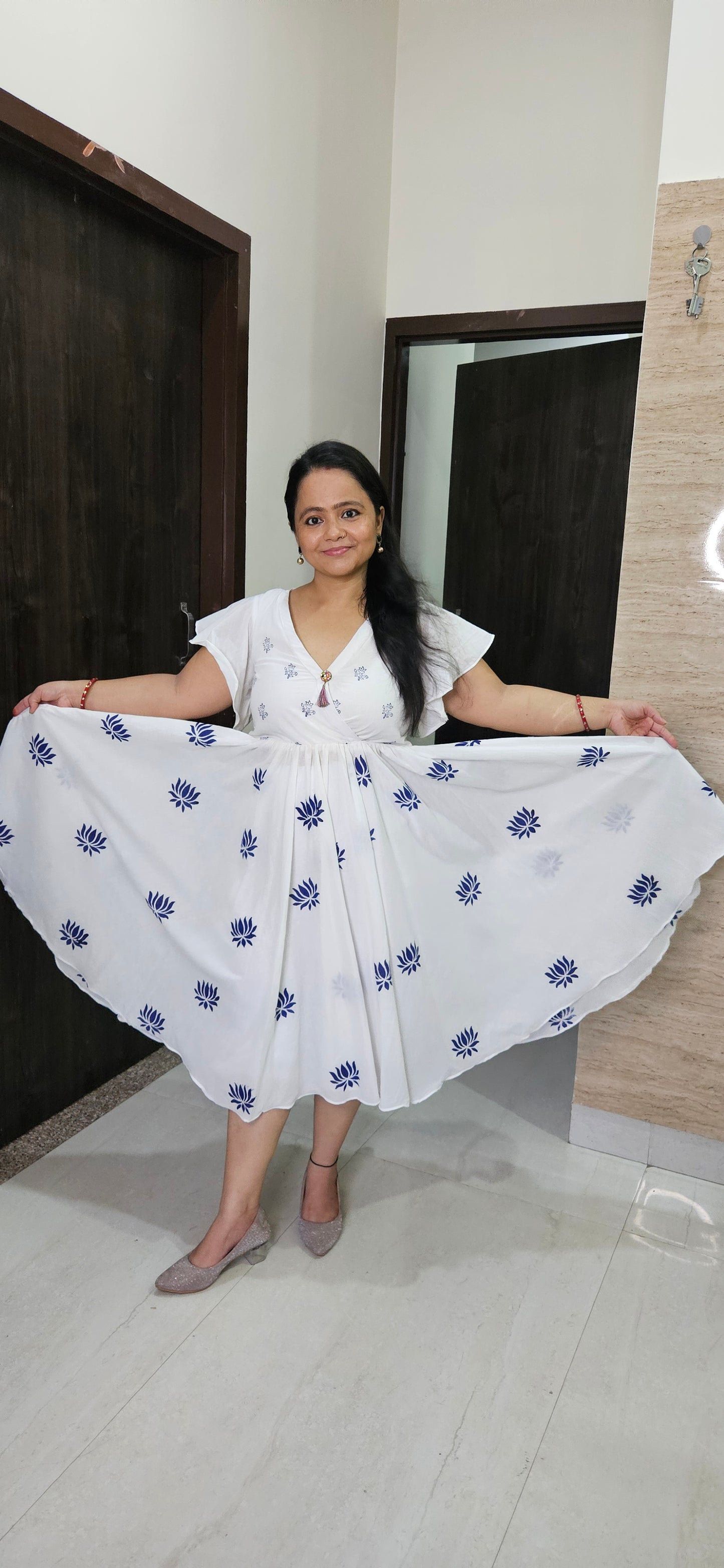 Handmade White Cotton Block Print Midi Dress with Blue Lotus Design – Ethnic Summer Wear for Women