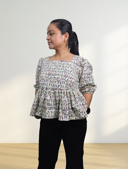 Handcrafted Cotton Crop Top with Playful Screen Print & Puffed Sleeves