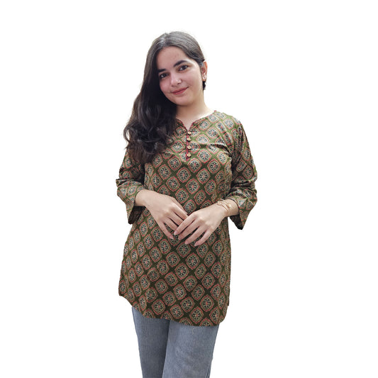 Ajrak Printed Cotton Kurti for Women – Black & Gold Straight Fit Ethnic Wear
