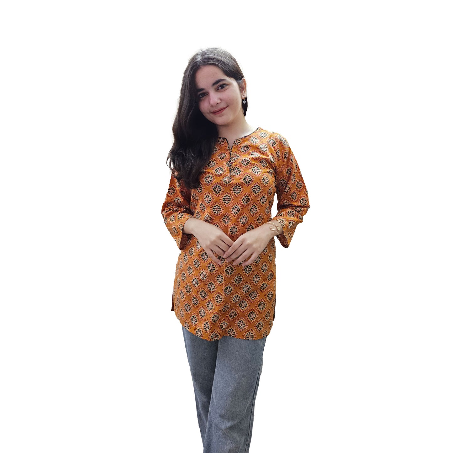 Ajrak Printed Cotton Kurti for Women β Black & Gold Straight Fit Ethnic Wear