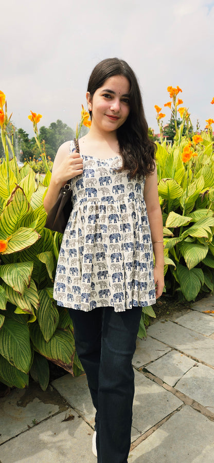 Blue Elephant Print Cotton Flared Top – Sleeveless Ethnic Fusion Wear for Women
