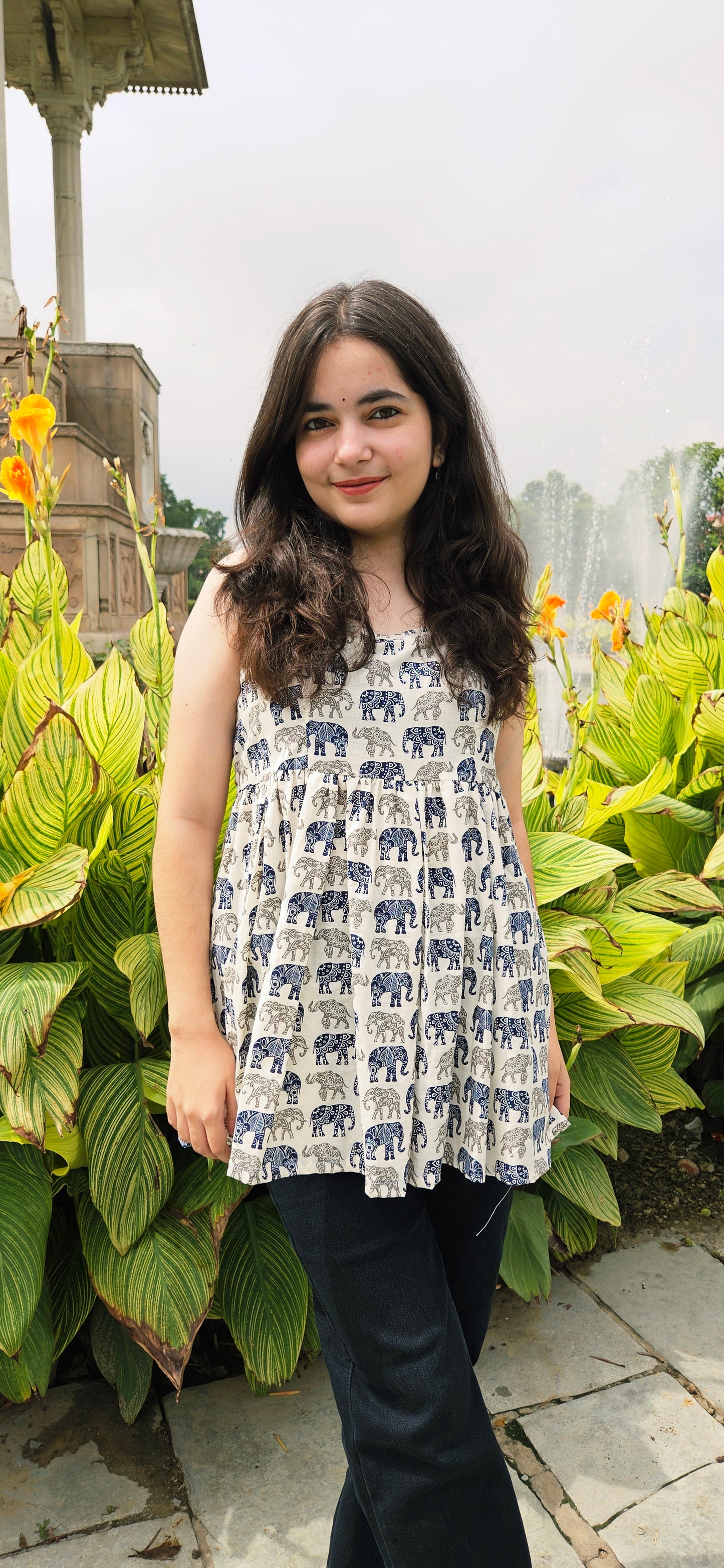 Blue Elephant Print Cotton Flared Top – Sleeveless Ethnic Fusion Wear for Women