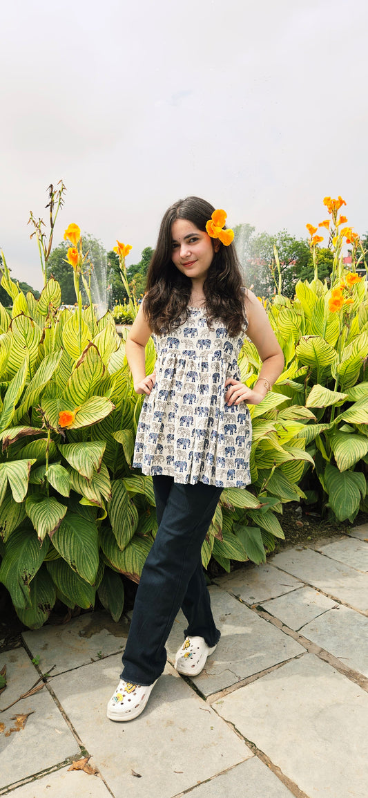 Blue Elephant Print Cotton Flared Top – Sleeveless Ethnic Fusion Wear for Women