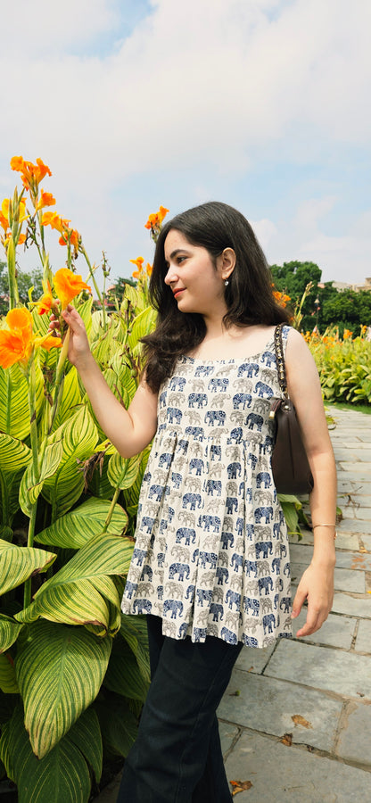 Blue Elephant Print Cotton Flared Top – Sleeveless Ethnic Fusion Wear for Women
