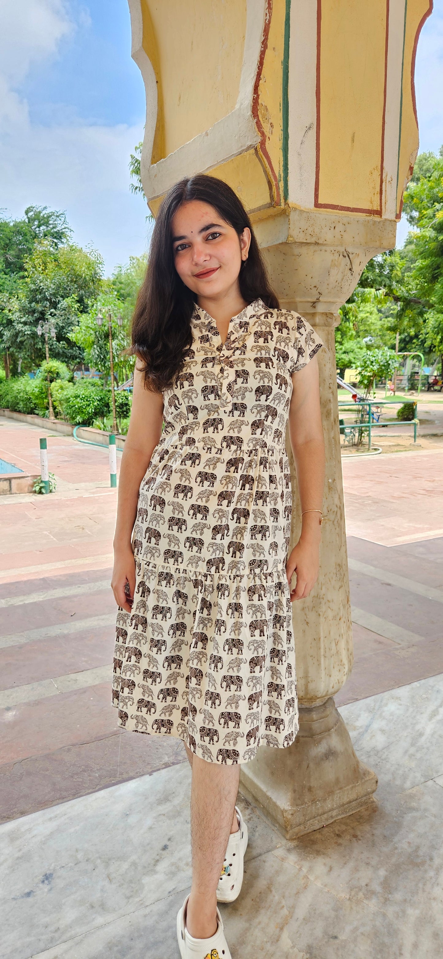 Elephant Print Cotton Dress for Women – Knee-Length Summer Casual Wear