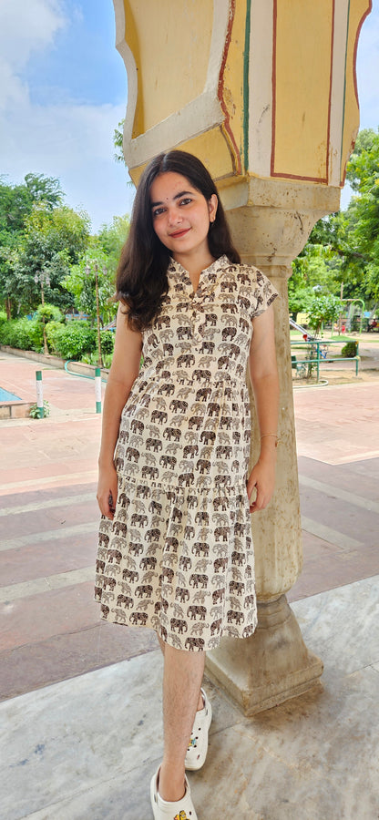 Elephant Print Cotton Dress for Women – Knee-Length Summer Casual Wear