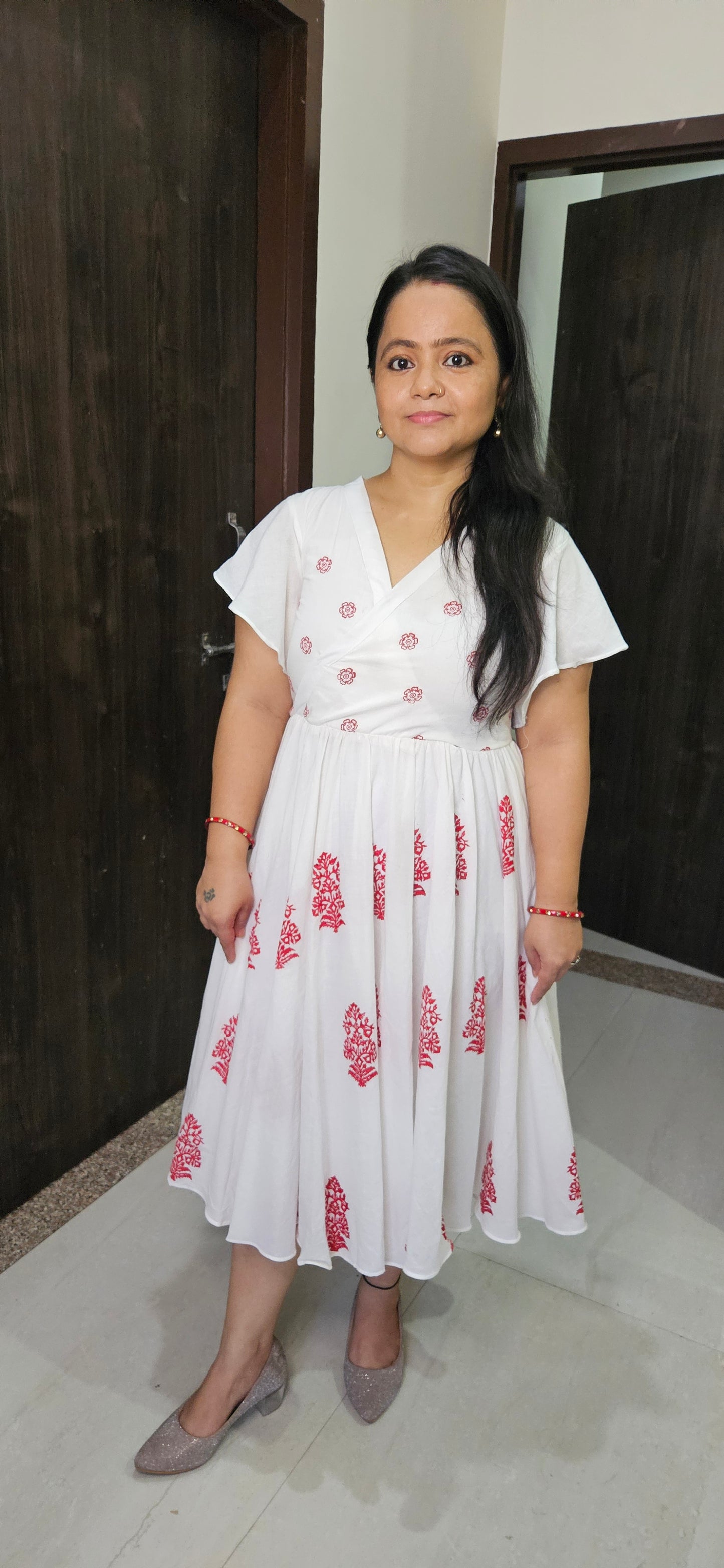White Cotton Block Print Dress for Women – Handmade Ethnic Midi Summer Outfit