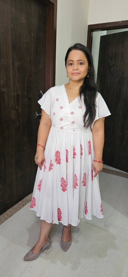 White Cotton Block Print Dress for Women – Handmade Ethnic Midi Summer Outfit