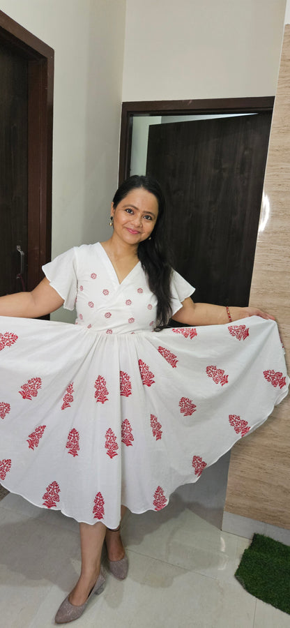 White Cotton Block Print Dress for Women – Handmade Ethnic Midi Summer Outfit
