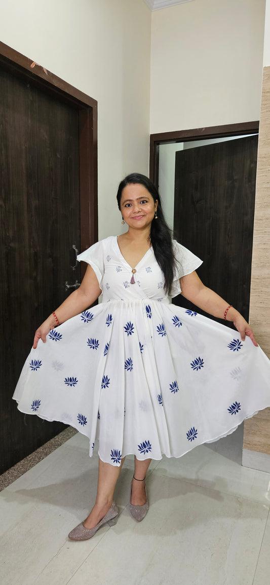 Handmade White Cotton Block Print Midi Dress with Blue Lotus Design – Ethnic Summer Wear for Women