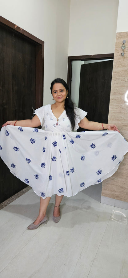 Handmade White Cotton Block Print Midi Dress with Blue Lotus Design – Ethnic Summer Wear for Women