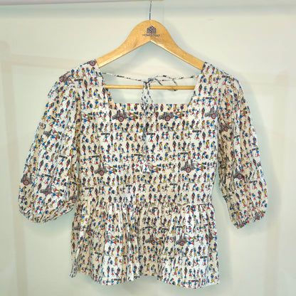 Handcrafted Cotton Crop Top with Playful Screen Print & Puffed Sleeves