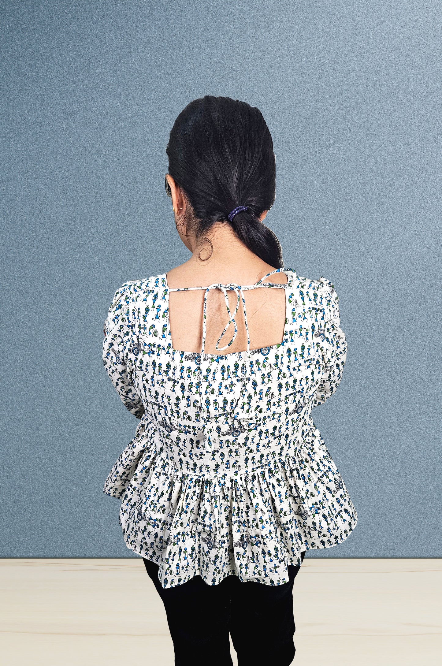 Handcrafted Cotton Crop Top with Playful Screen Print & Puffed Sleeves