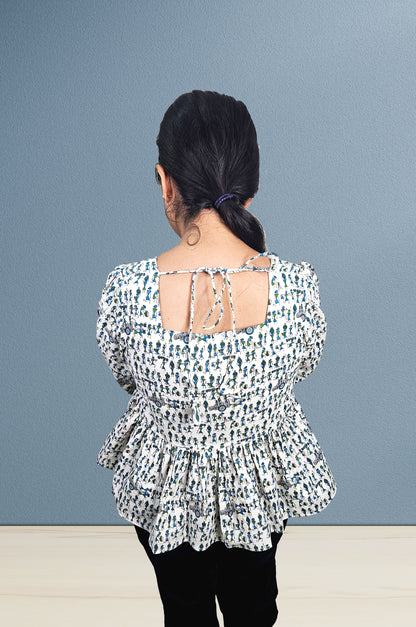 Handcrafted Cotton Crop Top with Playful Screen Print & Puffed Sleeves