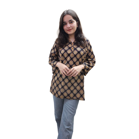 Ajrak Printed Cotton Kurti for Women – Black & Gold Straight Fit Ethnic Wear
